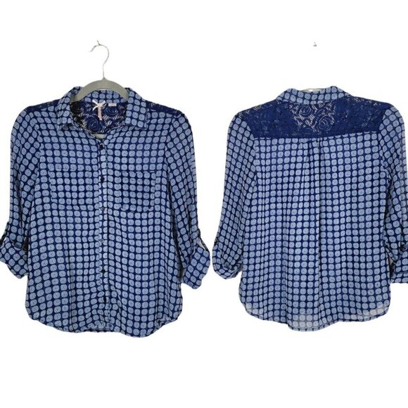 Scooter Brown Big Girls Sz 14 Shirt Button Up Roll Tab Sleeves Lace Details VGC - Picture 1 of 9